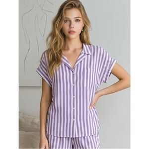 NWT Apt 9 Women’s Purple Striped Short Sleeve Button Down Lounge Pajama Shirt- L